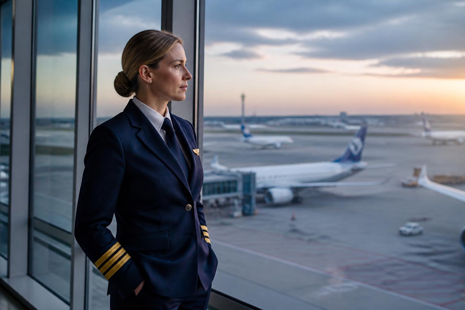 A female commercial airline pilot in uniform looking out over the airport apron at sunrise